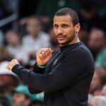 Mar 17, 2024; Washington, District of Columbia, USA; Boston Celtics head coach Joe Mazzulla instructs players during the second half of the game against the Washington Wizards at Capital One Arena. Mandatory Credit: Scott Taetsch-USA TODAY Sports