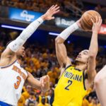 New York Knicks swingman Josh Hart contests Indiana Pacers player’s shot in 2024 NBA Playoffs after sustaining injury