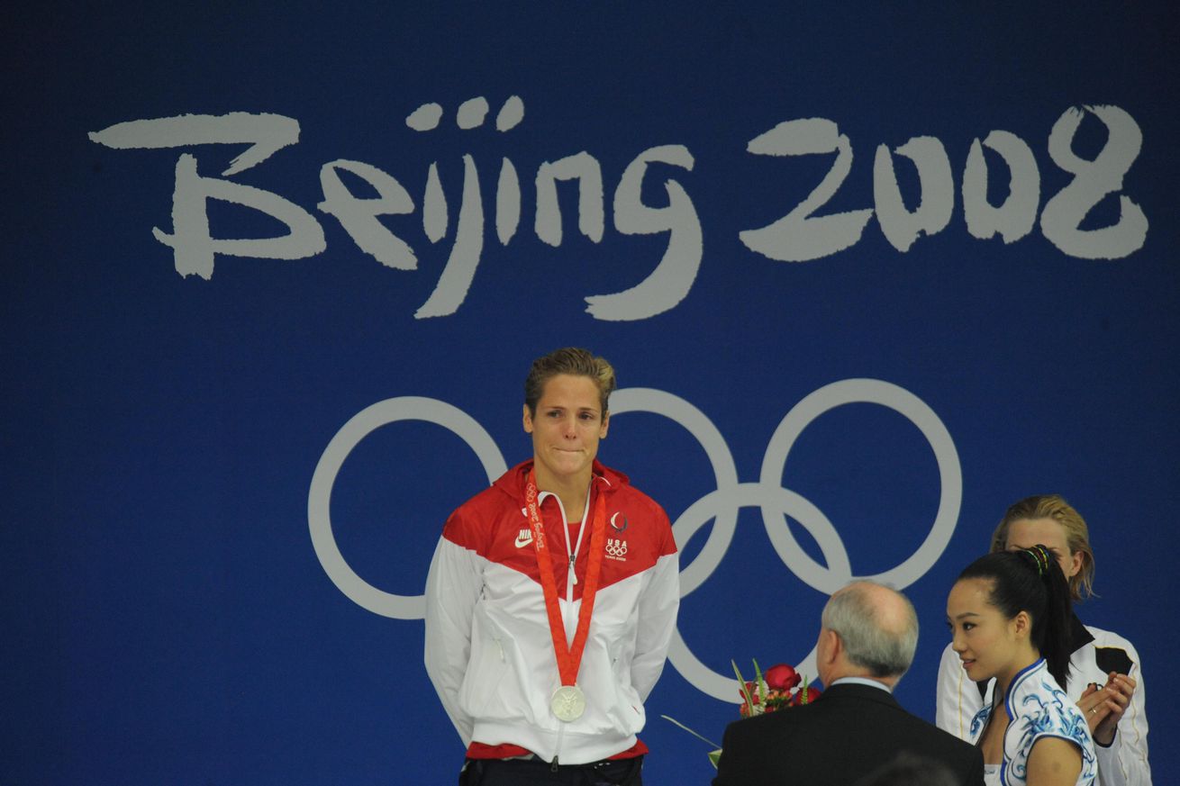 (HR) ABOVE: American star swimmer Dara Torres claimed the silver medal in the women’s 50m freestyle today the the National Aquatics Center. She came in this morning with the fastest qualifying time of 24.27. She finished today in 24.07 just .01 off the go