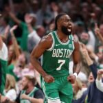 Jun 17, 2024; Boston, Massachusetts, USA; Boston Celtics guard Jaylen Brown (7) reacts after a play against the Dallas Mavericks during the second quarter in game five of the 2024 NBA Finals at TD Garden. Mandatory Credit: Peter Casey-USA TODAY Sports