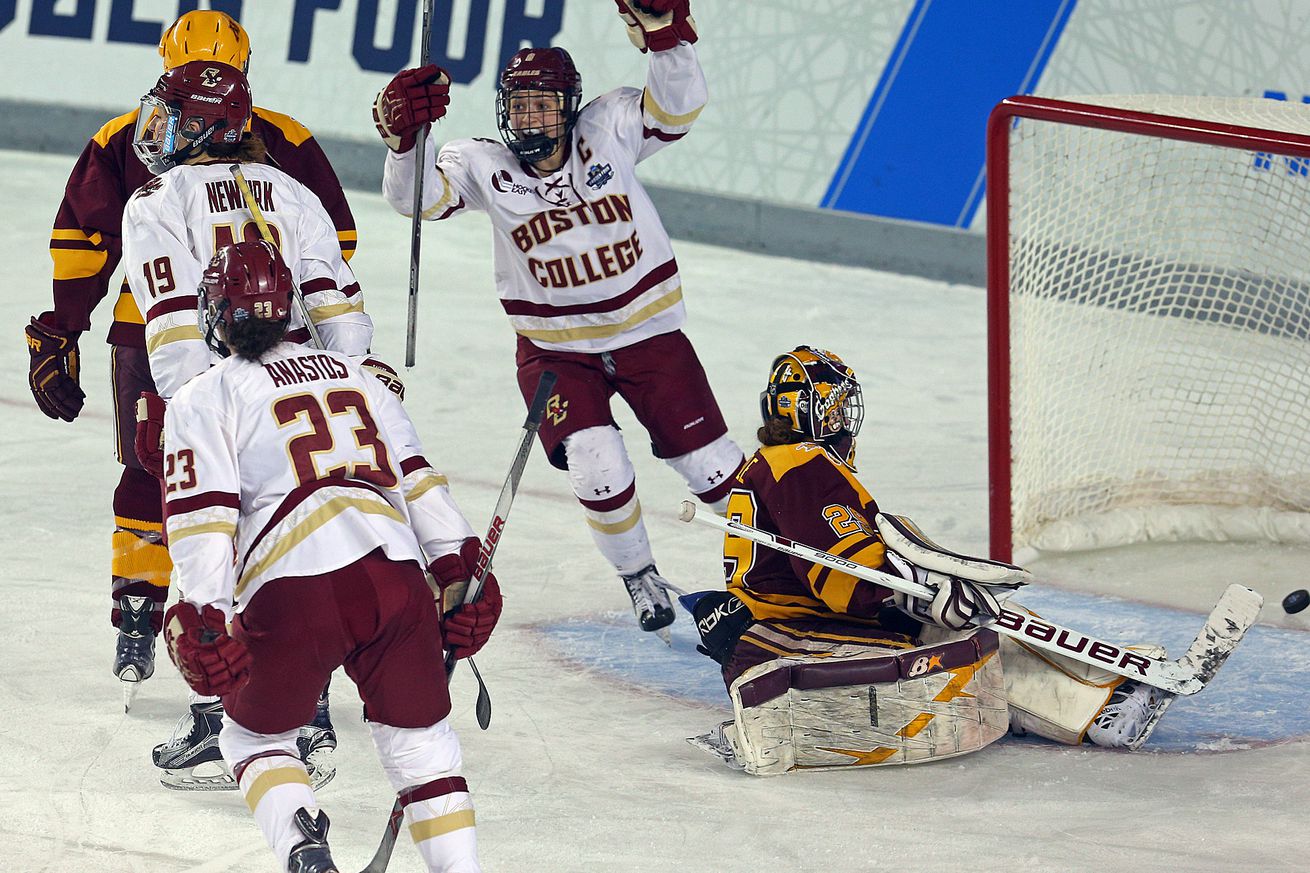 (032016 Durham,NH) Boston College Eagles forward Dana Trivigno celebrates a 3rd period goal by Makenna Newkirk BC’s only score of the game. 2016 Women’s Frozen Four championship game between Boston College and Minnesota at UNH’s Whittemore Arena in D