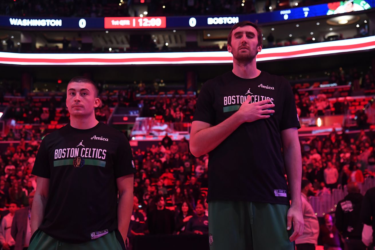 Payton Pritchard and Luke Kornet of the Boston Celtics 