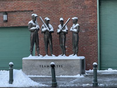 Fenway Park teammates statue in the snow